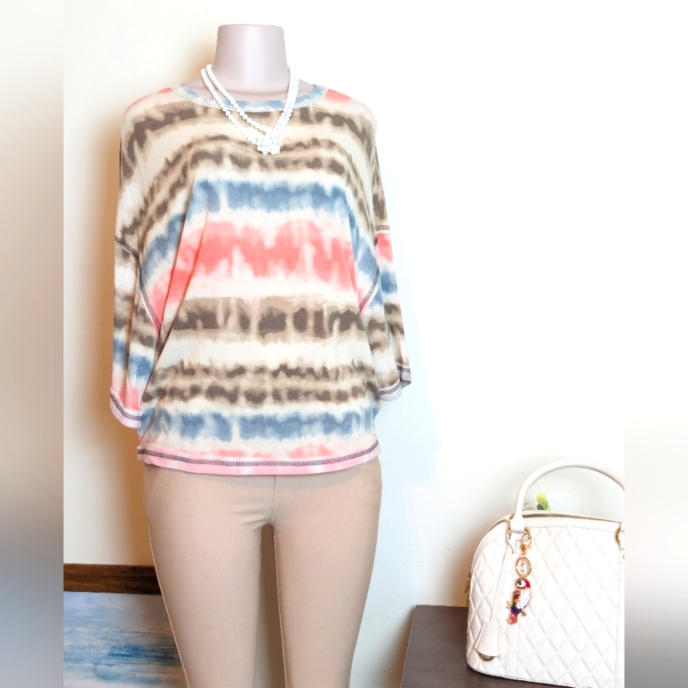 Cream Pink‎ and Blue Tie Dye Top
